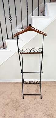 Vintage MCM Folding Butler Valet Stand Wood & Wrought Iron Clothes Rack Hanger